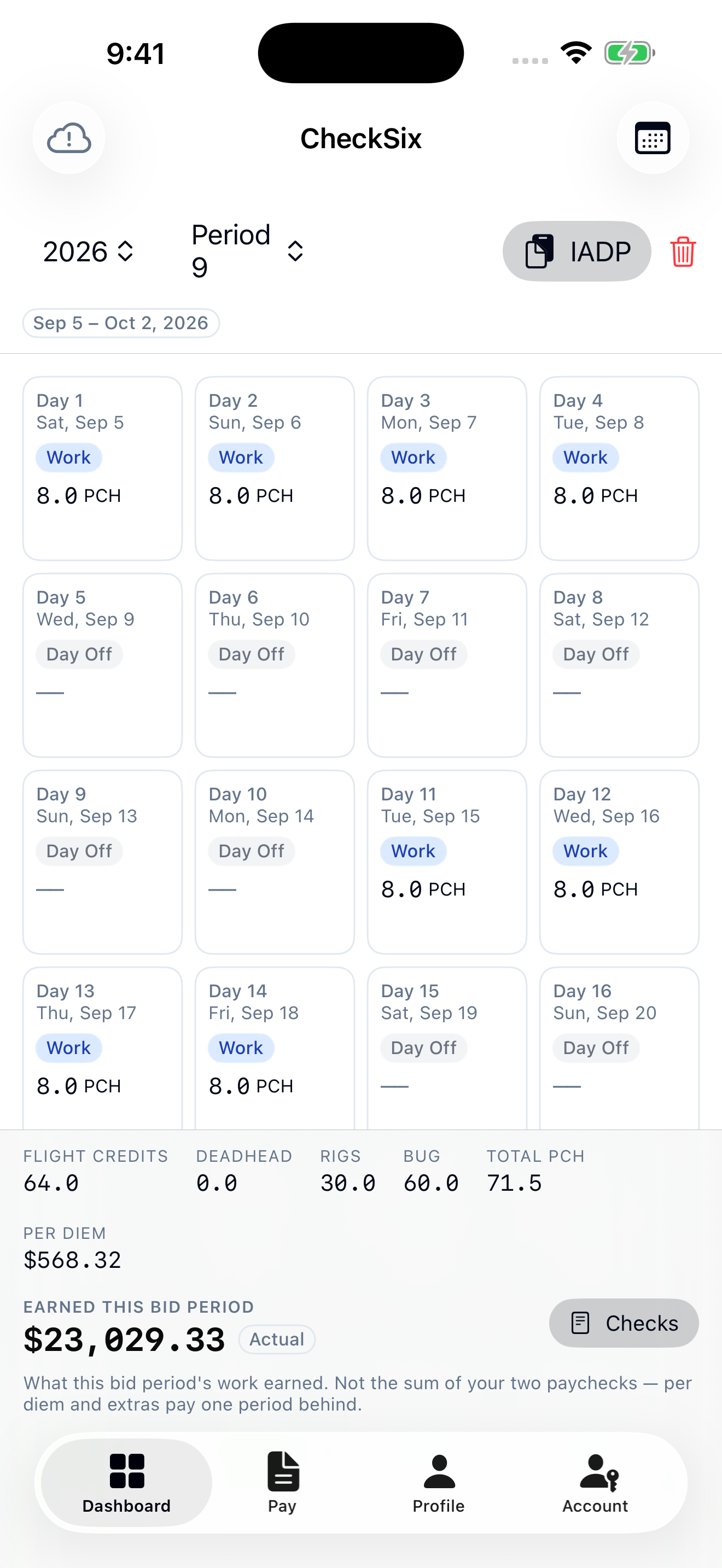 CheckSix iPhone dashboard showing the 28-day calendar, daily pay credits, bid-period earnings and the Dashboard, Pay, Profile and Account tabs.